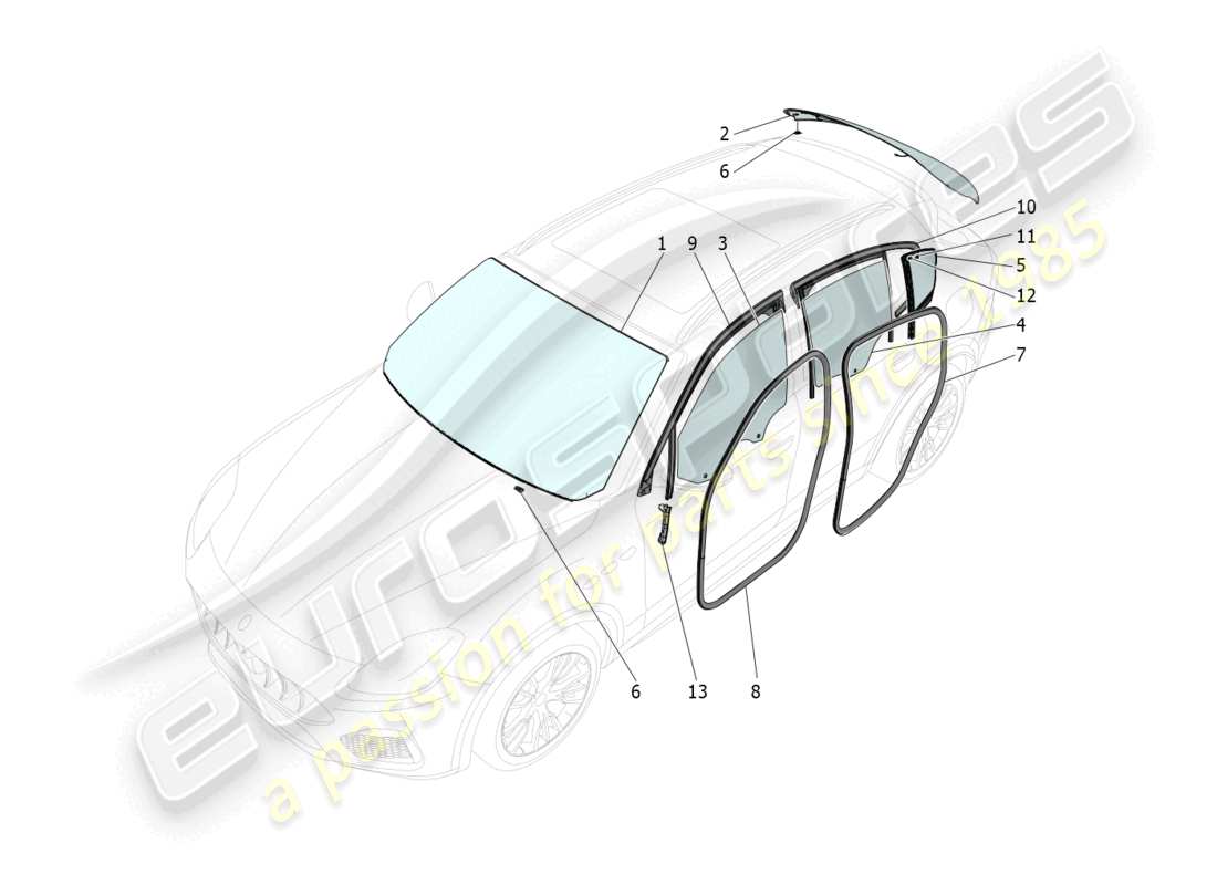 maserati grecale trofeo (2023) finestre e strisce per finestre diagramma delle parti