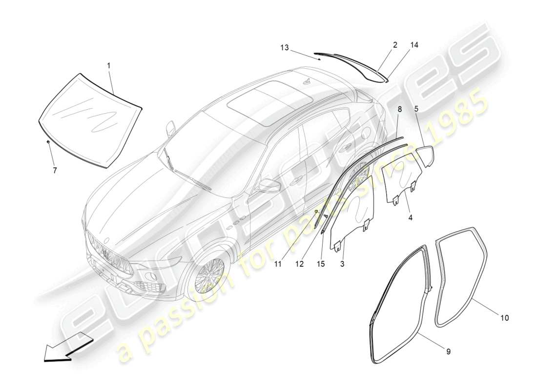 maserati levante gts (2020) diagramma delle parti di finestre e strisce di finestre