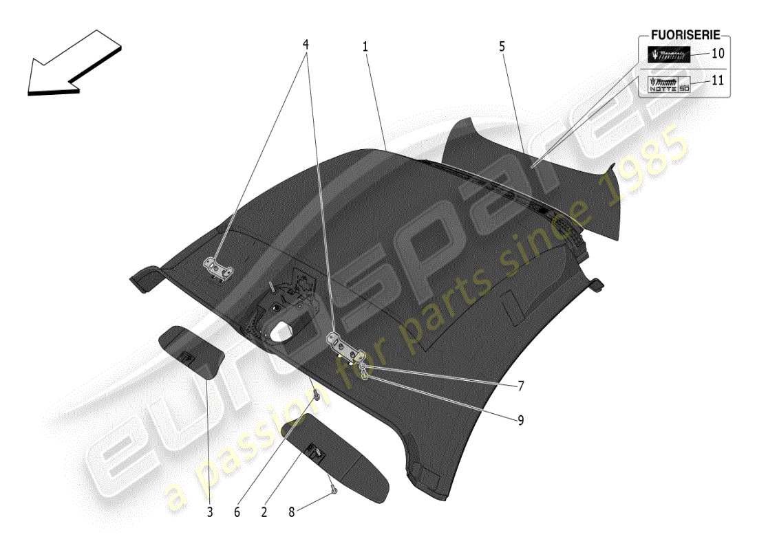 maserati mc20 (2024) tetto e visiere parasole diagramma delle parti