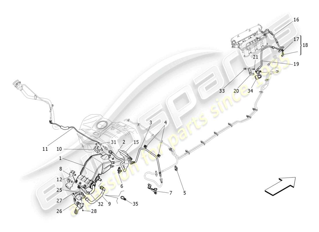 maserati quattroporte (2018) diagramma delle parti del sistema di ricircolo dei vapori di carburante