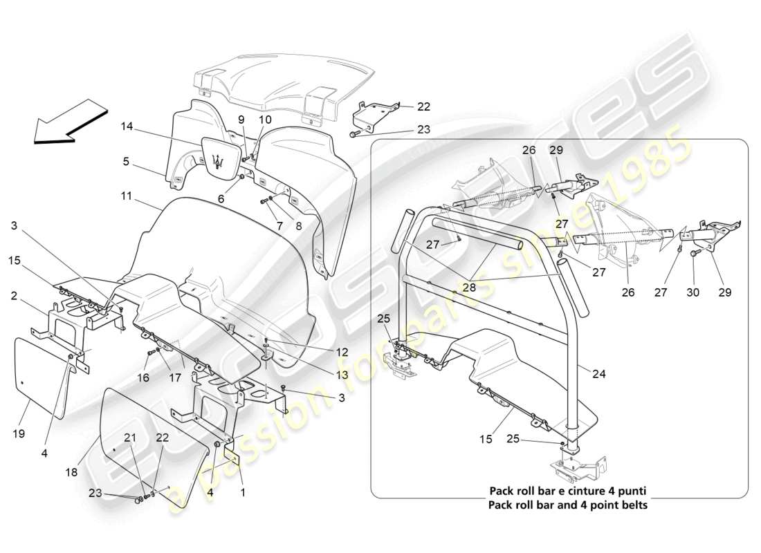 maserati granturismo mc stradale (2012) schema delle parti dei pannelli di rivestimento del montante b e dei pannelli laterali dell'abitacolo