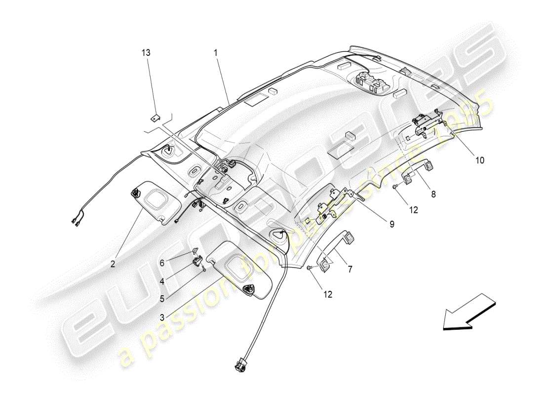 maserati ghibli (2021) diagramma delle parti del tetto e delle alette parasole