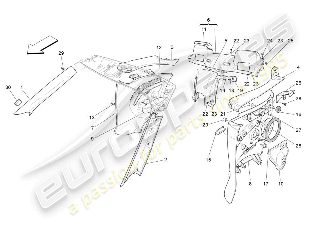 maserati grancabrio mc (2013) schema delle parti dei pannelli di rivestimento del montante b e dei pannelli laterali dell'abitacolo