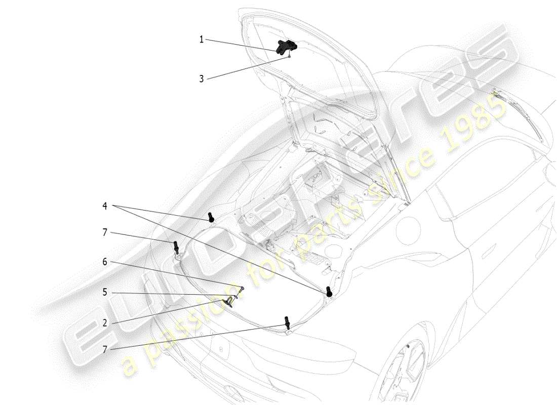 maserati mc20 (2024) schema delle parti del controllo dell'apertura del cofano posteriore