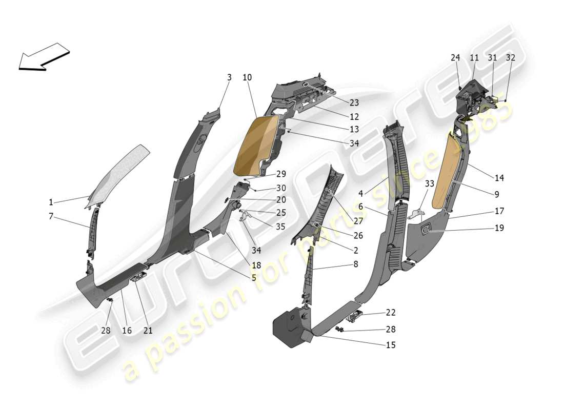 maserati grecale gt (2023) schema delle parti dei pannelli di rivestimento del montante b e dei pannelli laterali dell'abitacolo
