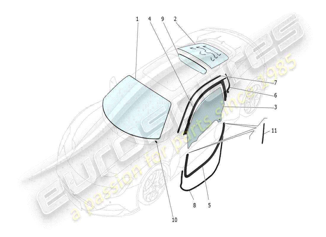 maserati mc20 (2024) finestre e strisce per finestre diagramma delle parti