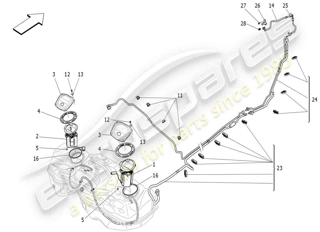 maserati ghibli (2021) diagramma delle parti delle pompe del carburante e delle linee di collegamento