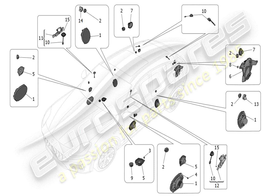 maserati grecale modena (2023) schema delle parti del sistema di diffusione del suono