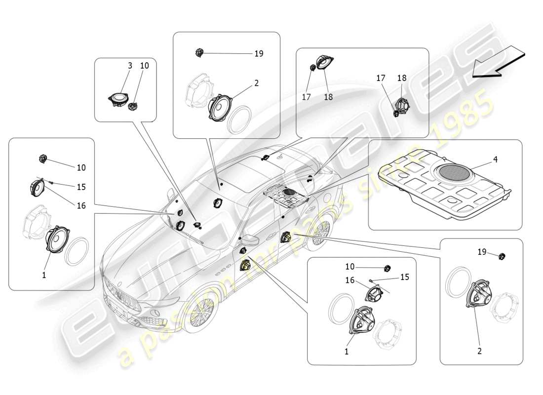 maserati levante zenga (2020) schema delle parti del sistema di diffusione del suono