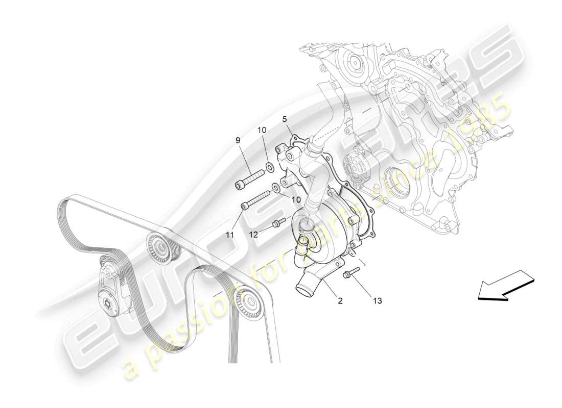 maserati ghibli (2017) sistema di raffreddamento: diagramma delle parti della pompa dell'acqua