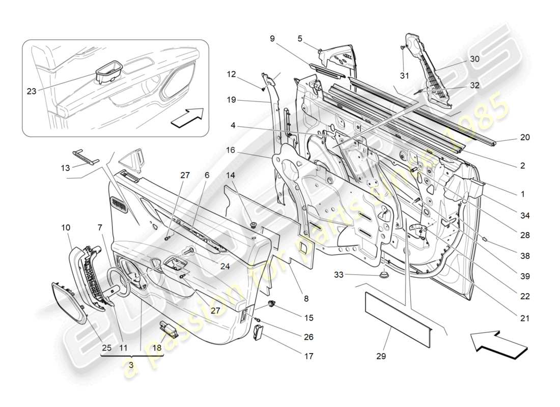 maserati quattroporte (2018) porte anteriori: diagramma delle parti dei pannelli di rivestimento