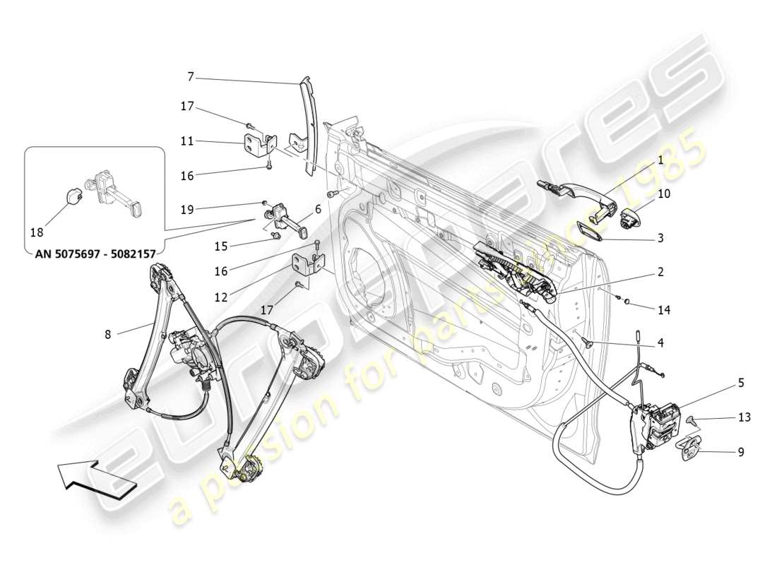 maserati ghibli (2016) porte anteriori: diagramma delle parti dei meccanismi