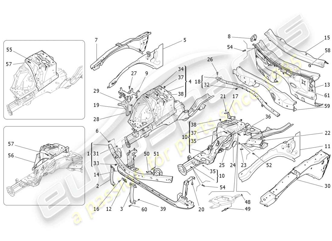 maserati quattroporte (2018) schema delle parti dei telai strutturali anteriori e dei pannelli in lamiera