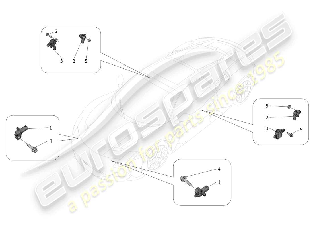 maserati mc20 cielo (2023) diagramma delle parti dei sensori di collisione