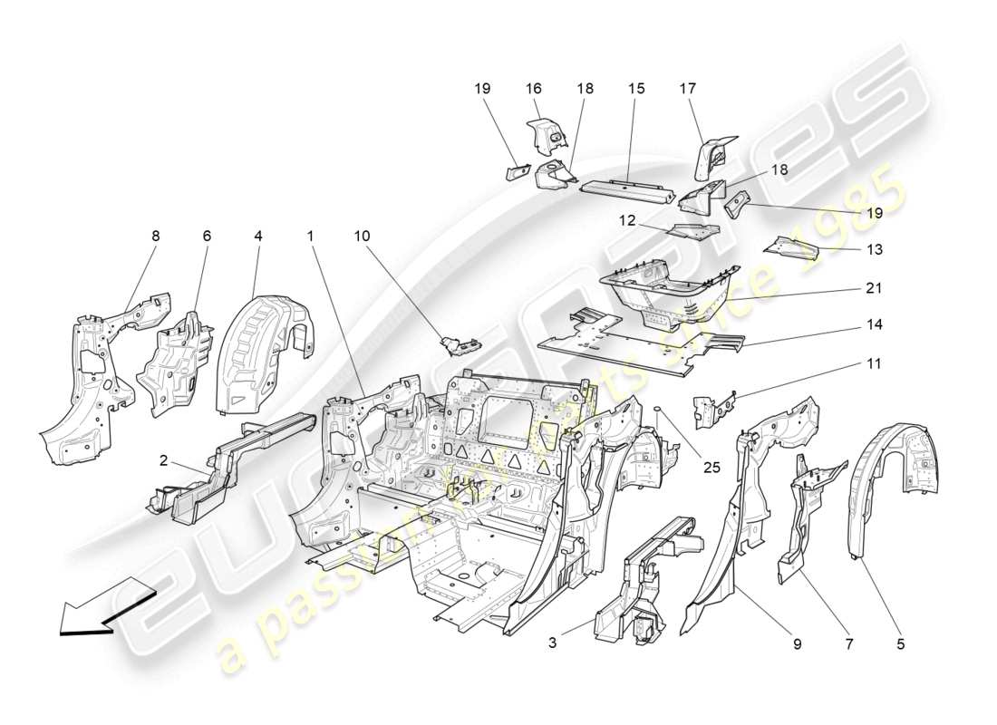 maserati grancabrio mc (2013) schema delle parti dei telai strutturali posteriori e dei pannelli in lamiera