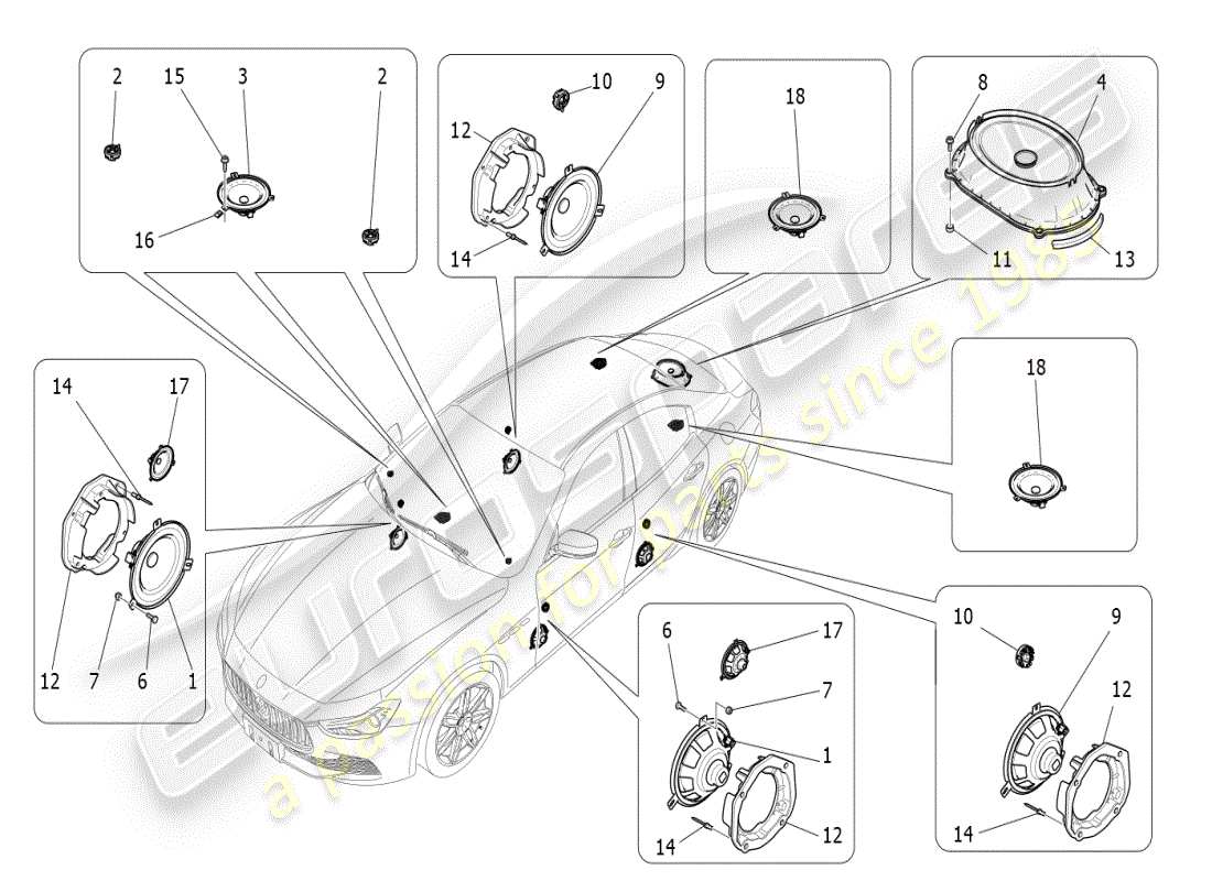 maserati ghibli (2019) schema delle parti del sistema di diffusione del suono