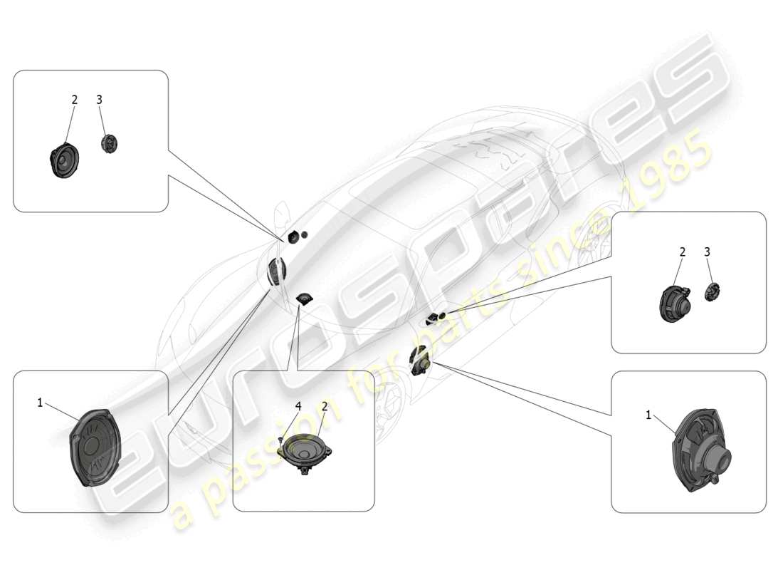 maserati mc20 (2023) schema delle parti del sistema di diffusione del suono