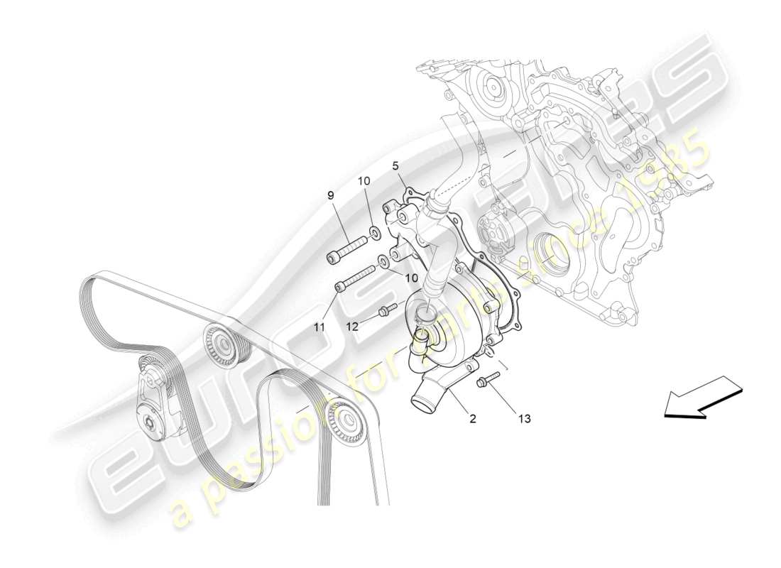 maserati ghibli (2018) sistema di raffreddamento: diagramma delle parti della pompa dell'acqua