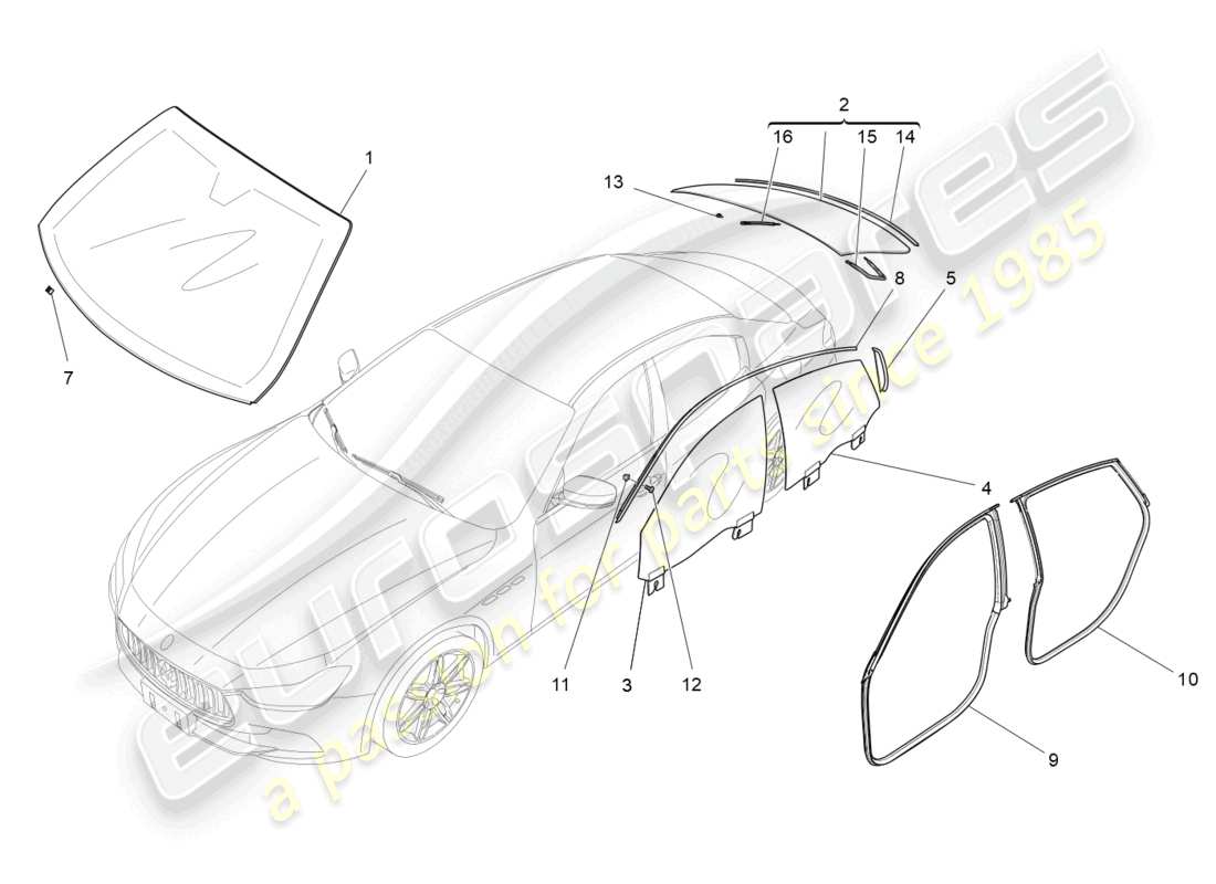 maserati ghibli (2014) diagramma delle parti di finestre e strisce di finestre