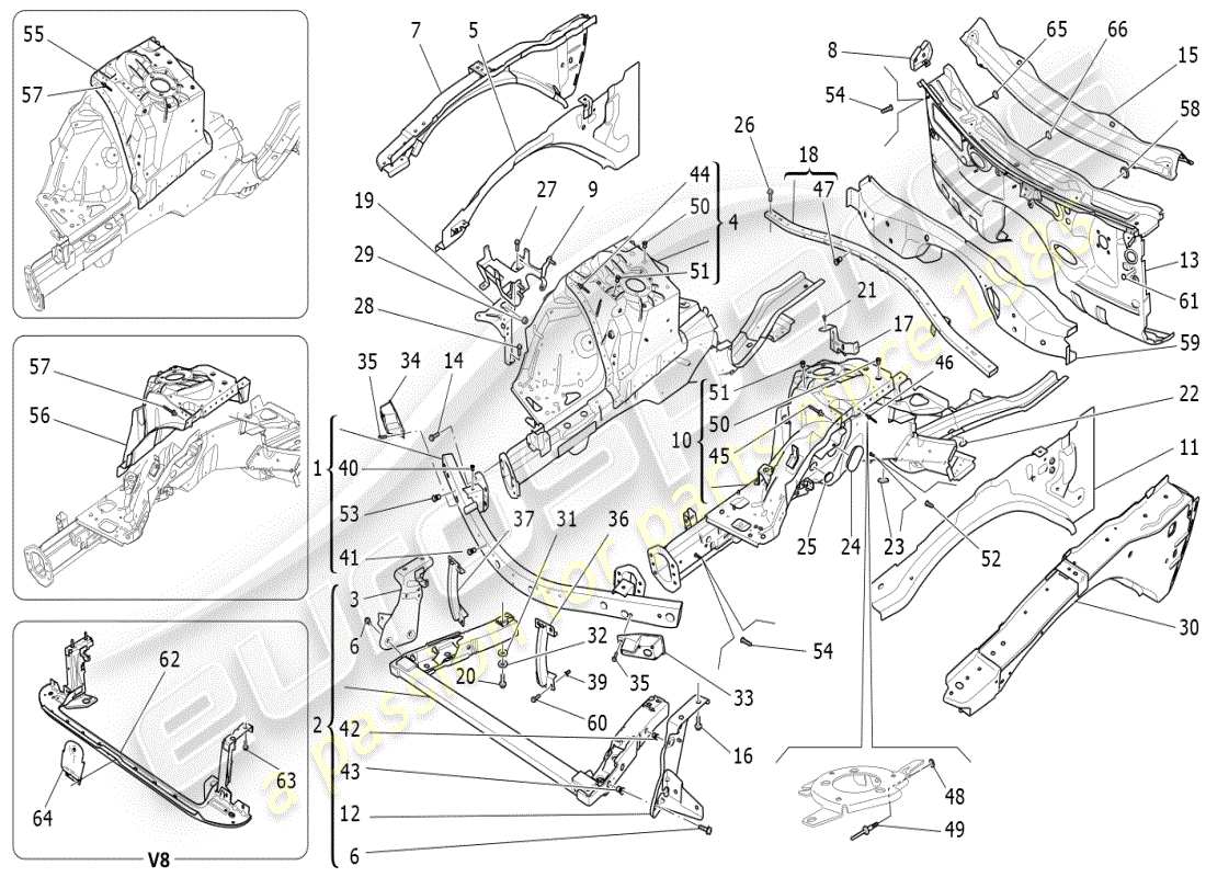 maserati ghibli (2019) schema delle parti dei telai strutturali anteriori e dei pannelli in lamiera