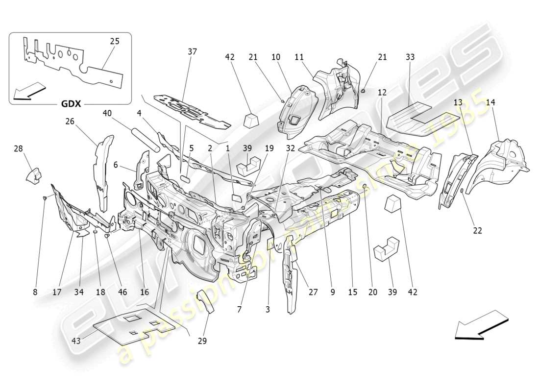maserati ghibli (2014) pannelli insonorizzati all'interno del diagramma delle parti del veicolo