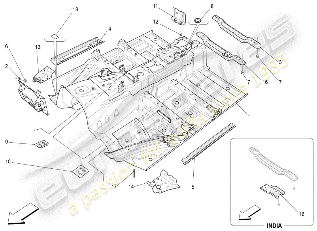 maserati ghibli (2019) schema delle parti dei telai strutturali centrali e dei pannelli in lamiera