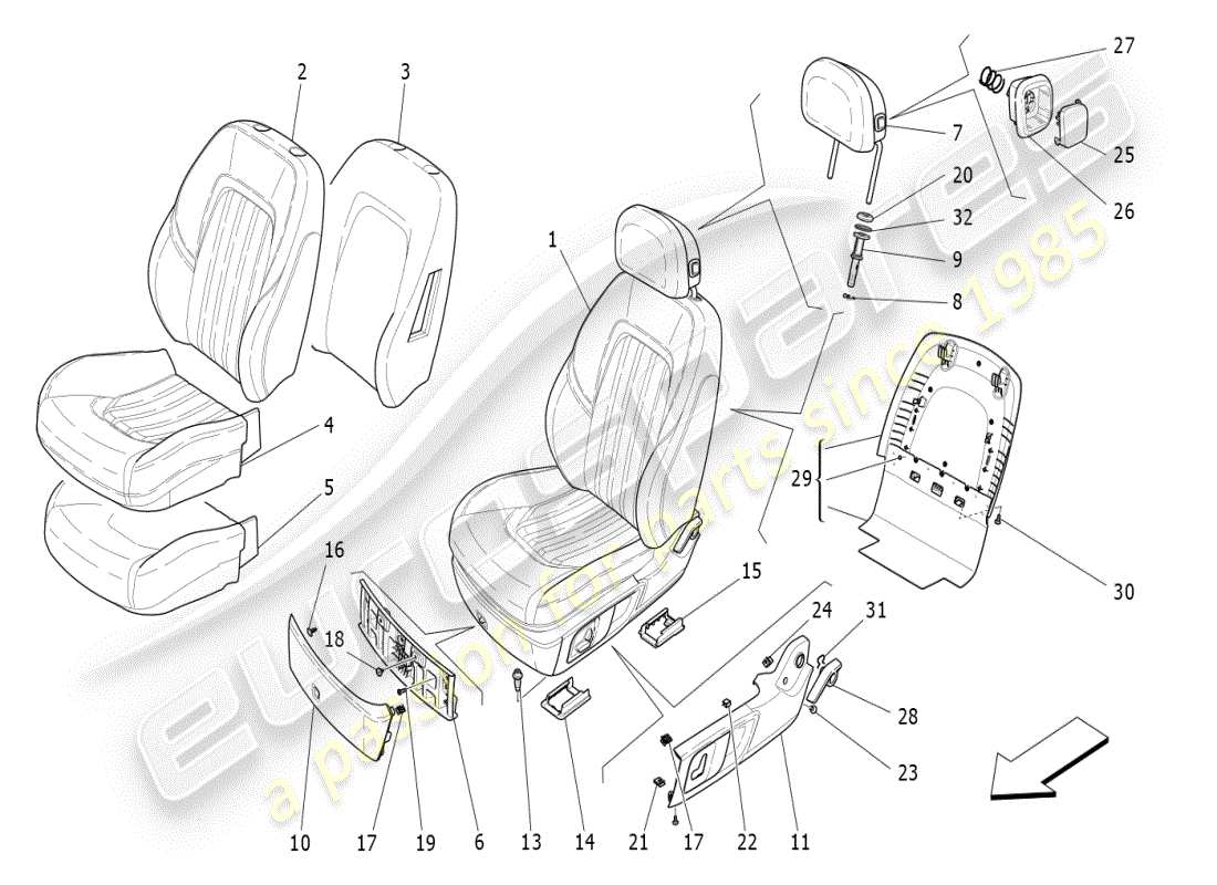 maserati ghibli (2019) sedili anteriori: schema delle parti dei pannelli di rivestimento