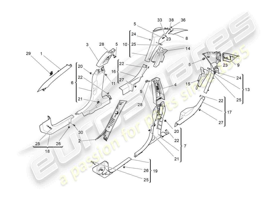maserati ghibli (2014) schema delle parti dei pannelli di rivestimento del montante b e dei pannelli laterali dell'abitacolo