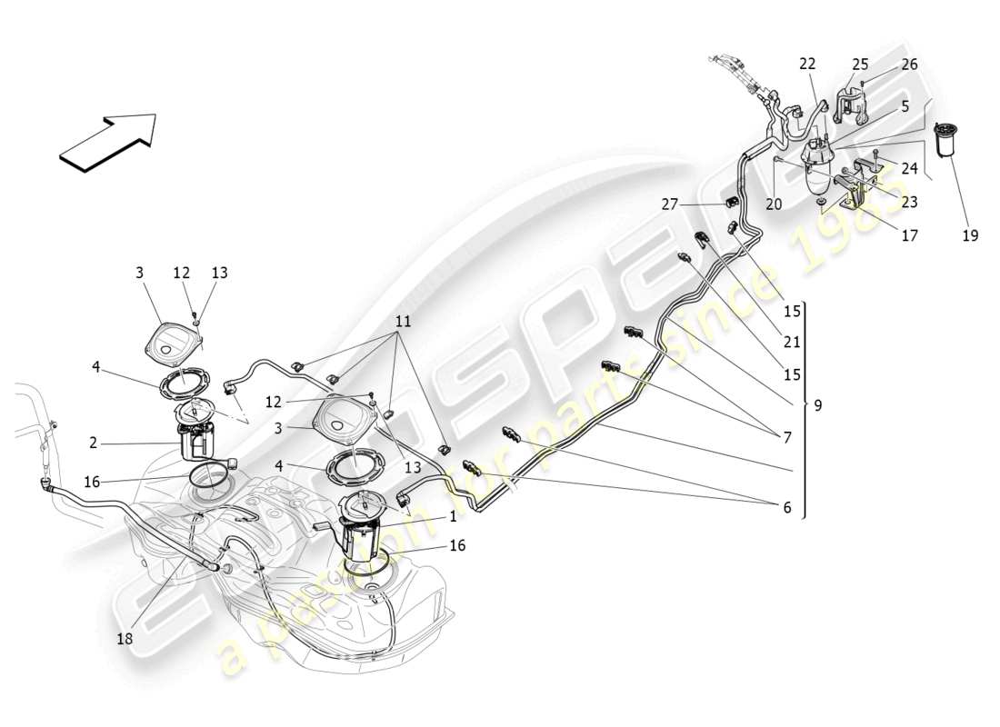 maserati ghibli (2018) diagramma delle parti delle pompe del carburante e delle linee di collegamento