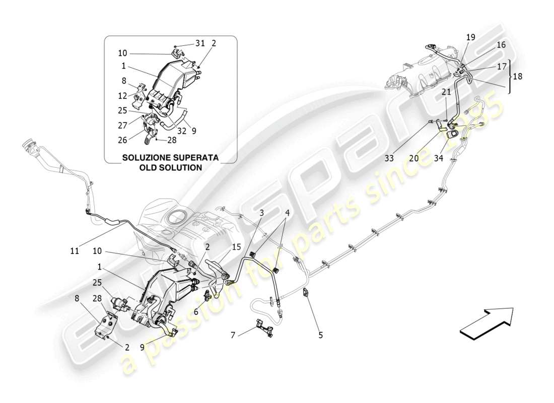 maserati ghibli (2017) diagramma delle parti del sistema di ricircolo dei vapori di carburante