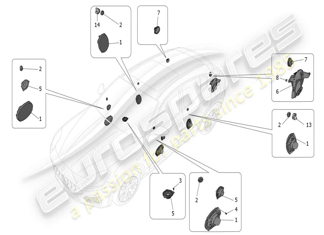 maserati grecale modena (2023) schema delle parti del sistema di diffusione del suono