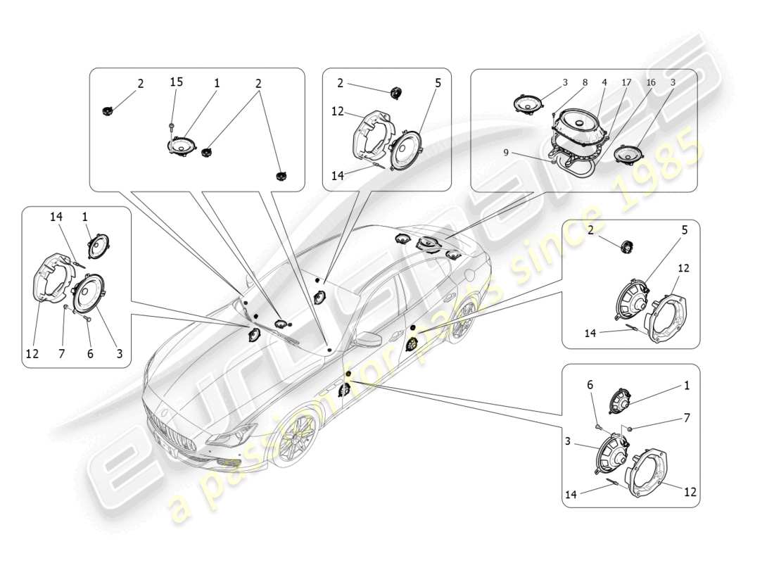 maserati quattroporte (2018) schema delle parti del sistema di diffusione del suono