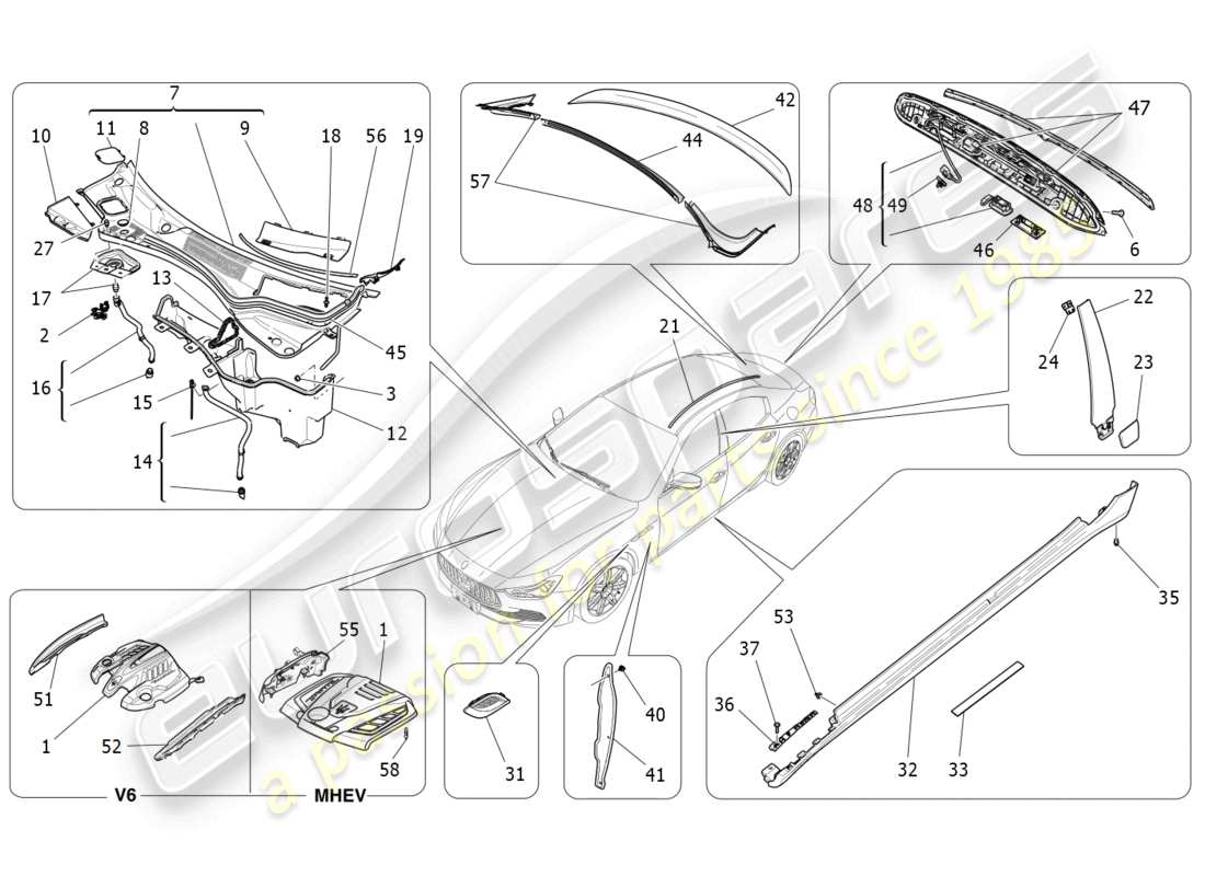 maserati ghibli (2014) schema delle parti di scudi, finiture e pannelli di copertura