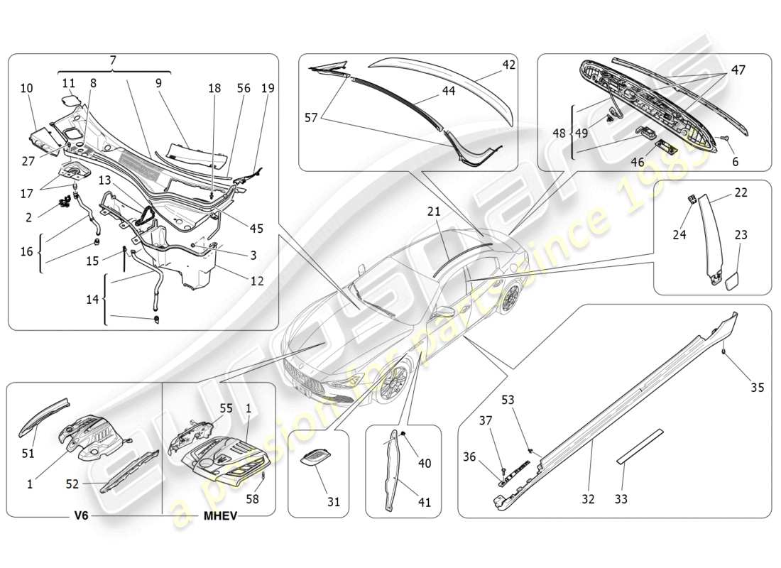 maserati ghibli (2016) schema delle parti di scudi, finiture e pannelli di copertura