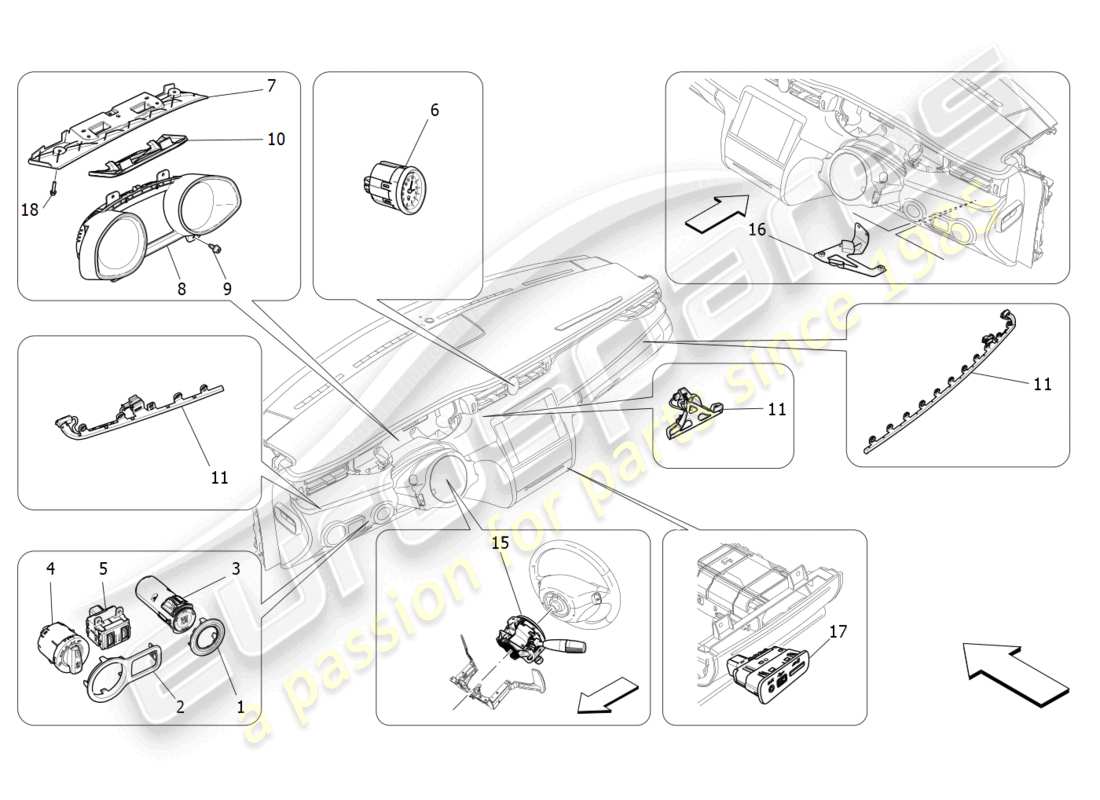 maserati quattroporte (2018) diagramma delle parti dei dispositivi del dashboard