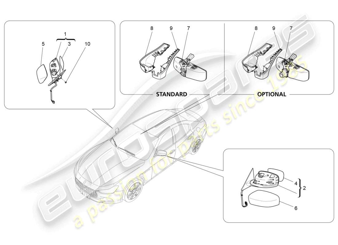 maserati ghibli (2014) schema delle parti degli specchietti retrovisori interni ed esterni