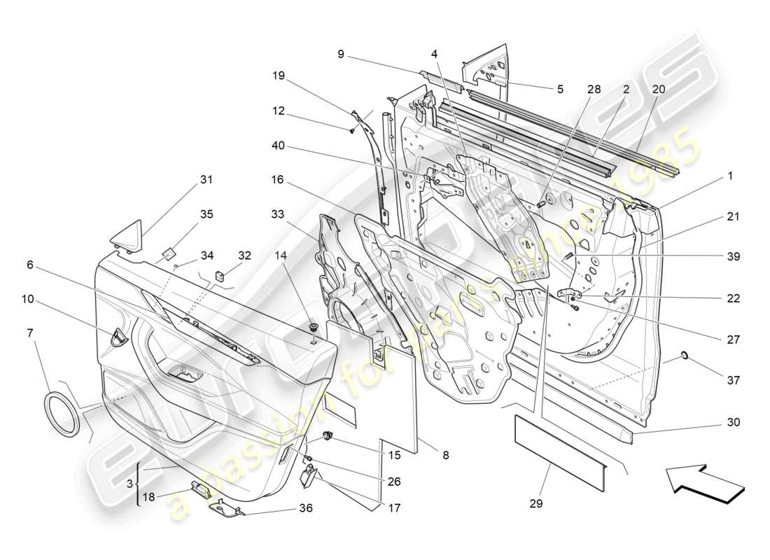 maserati levante gts (2020) porte anteriori: diagramma delle parti dei pannelli di rivestimento