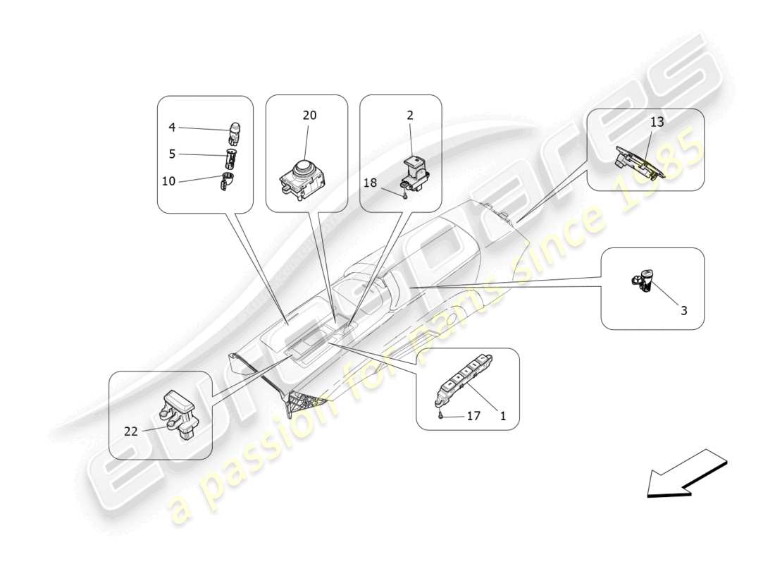 maserati ghibli (2018) diagramma delle parti dei dispositivi della console centrale