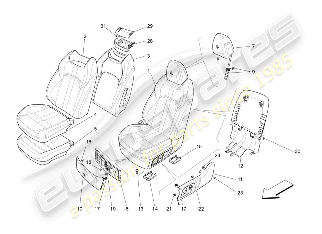 maserati levante gts (2020) sedili anteriori: schema delle parti dei pannelli di rivestimento