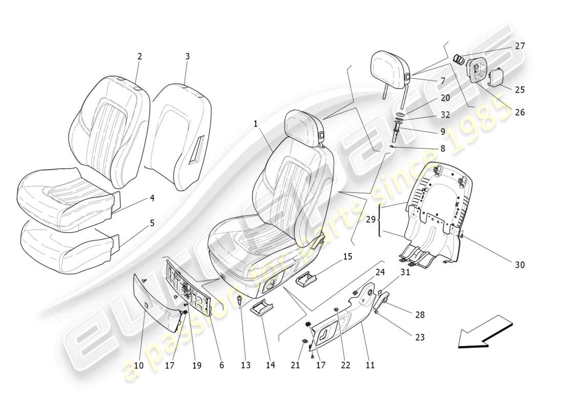 maserati levante gts (2020) sedili anteriori: schema delle parti dei pannelli di rivestimento