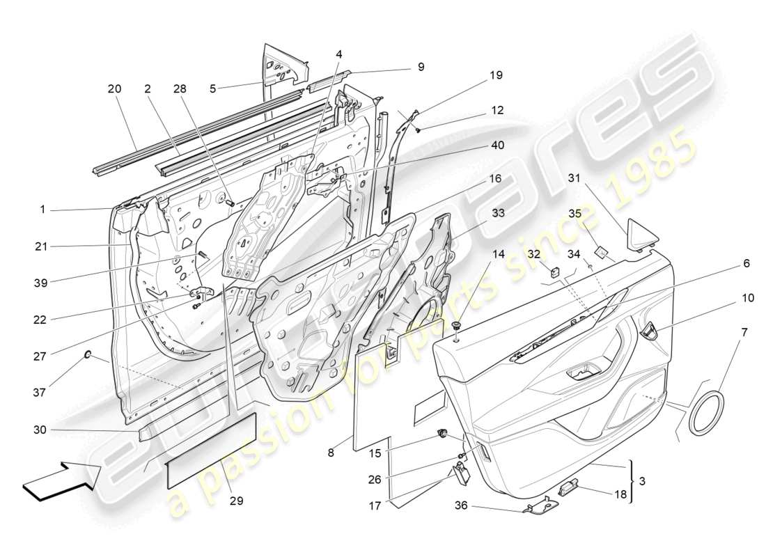 maserati levante gts (2020) porte anteriori: diagramma delle parti dei pannelli di rivestimento