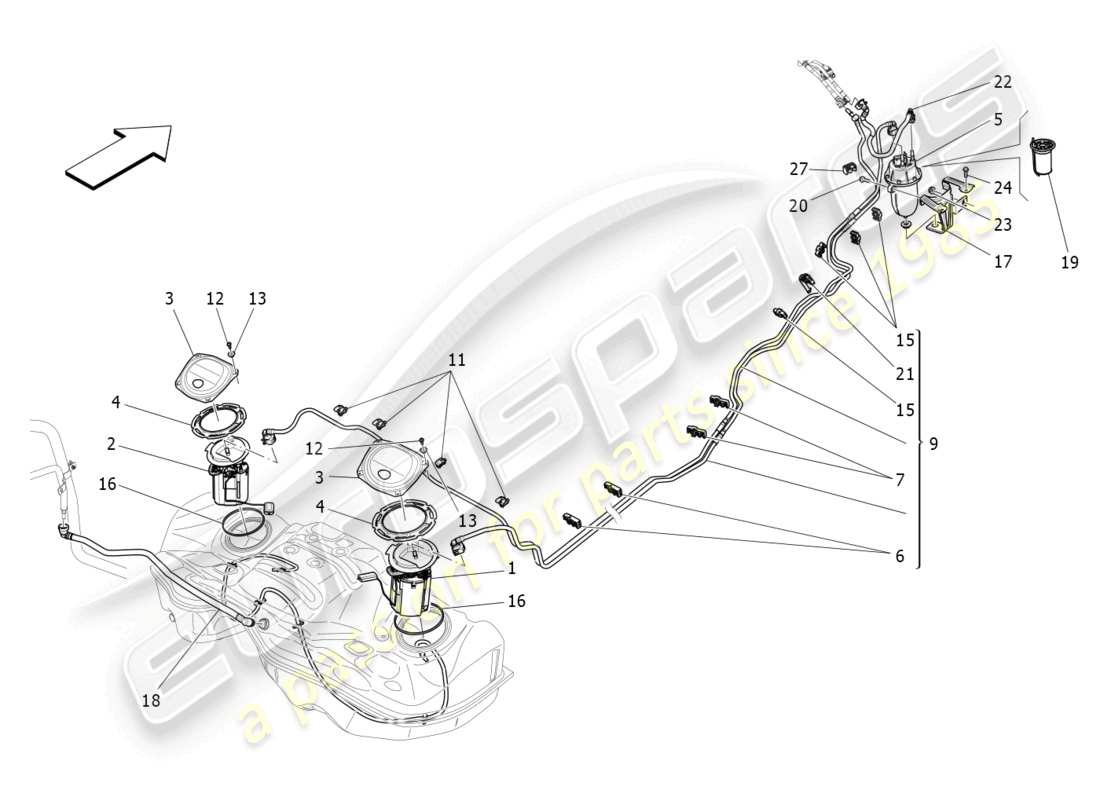 maserati ghibli (2014) diagramma delle parti delle pompe del carburante e delle linee di collegamento