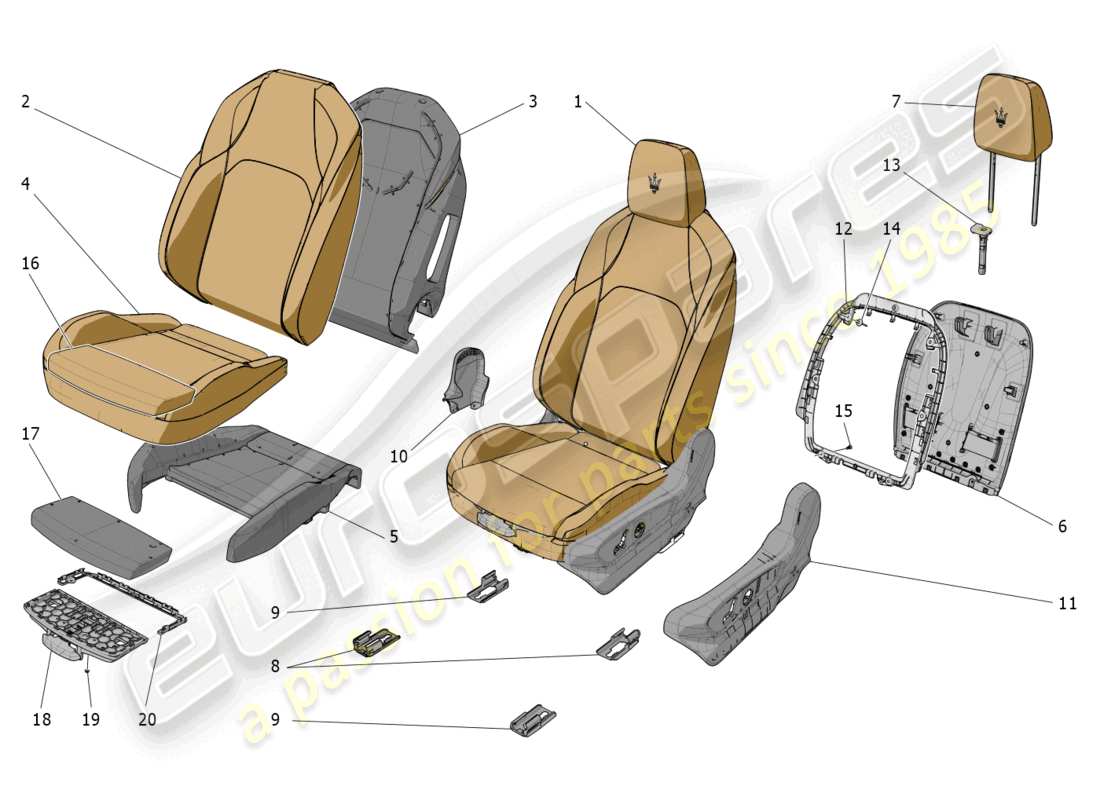 maserati grecale gt (2023) sedili anteriori: schema delle parti dei pannelli di rivestimento