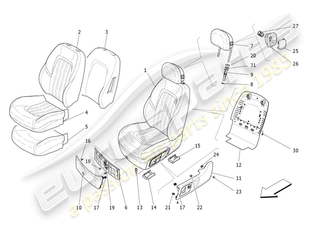maserati quattroporte (2018) sedili anteriori: schema delle parti dei pannelli di rivestimento