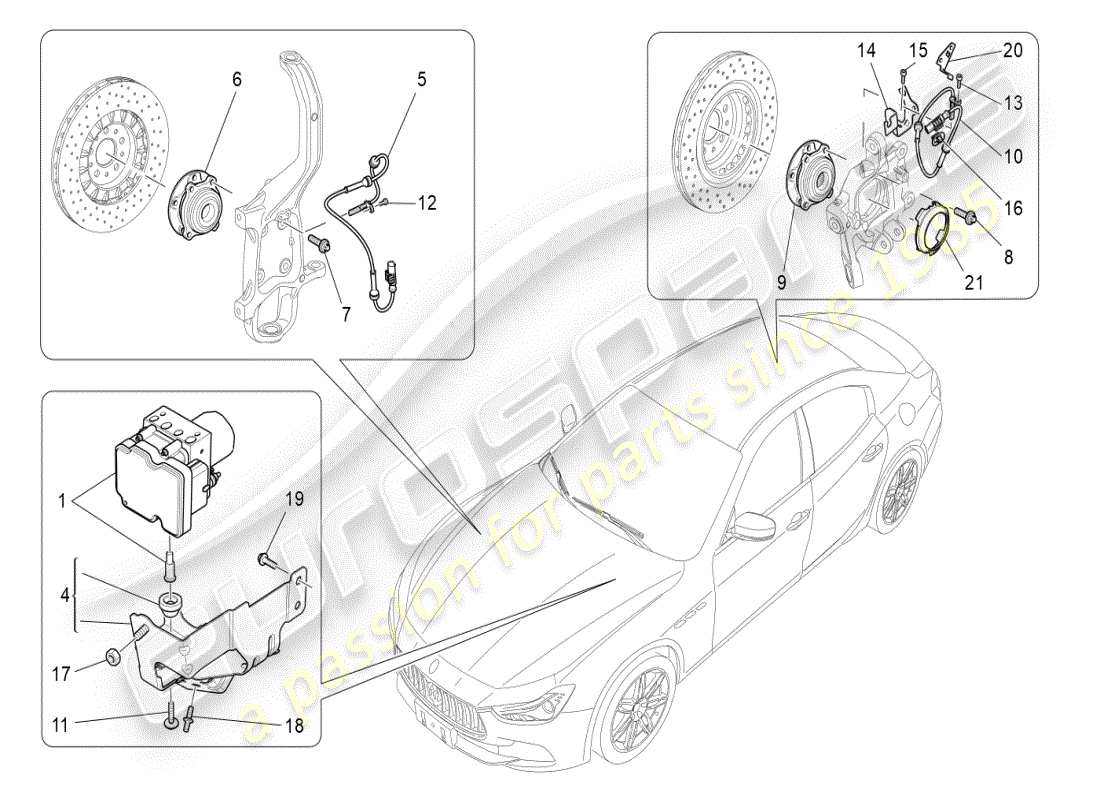 maserati ghibli (2021) diagramma delle parti dei sistemi di controllo della frenatura