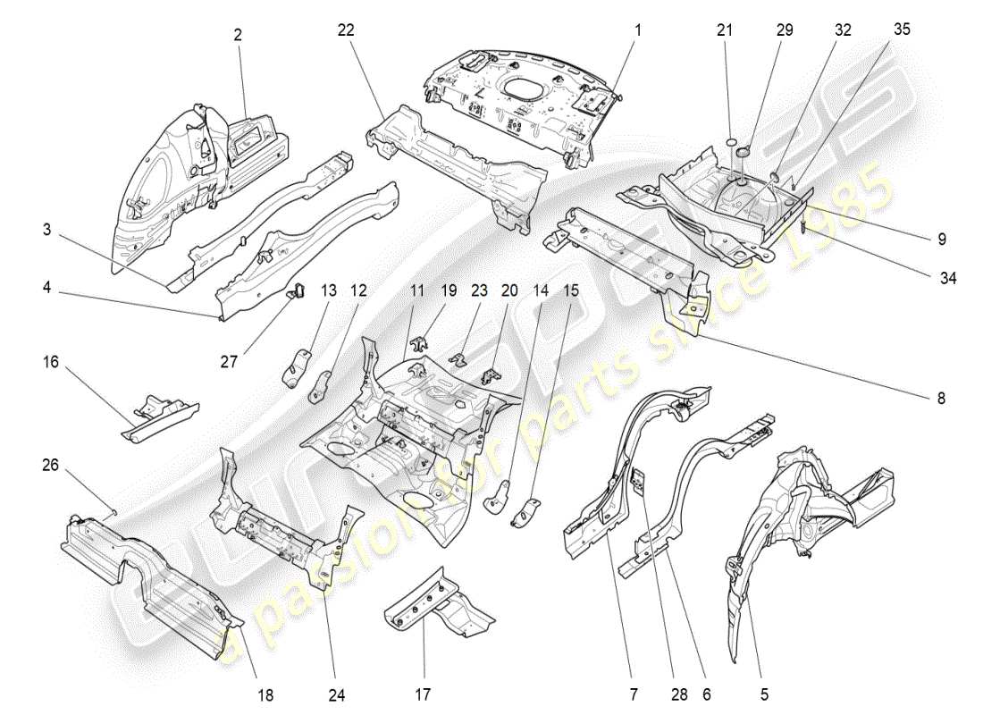 maserati ghibli (2019) schema delle parti dei telai strutturali posteriori e dei pannelli in lamiera