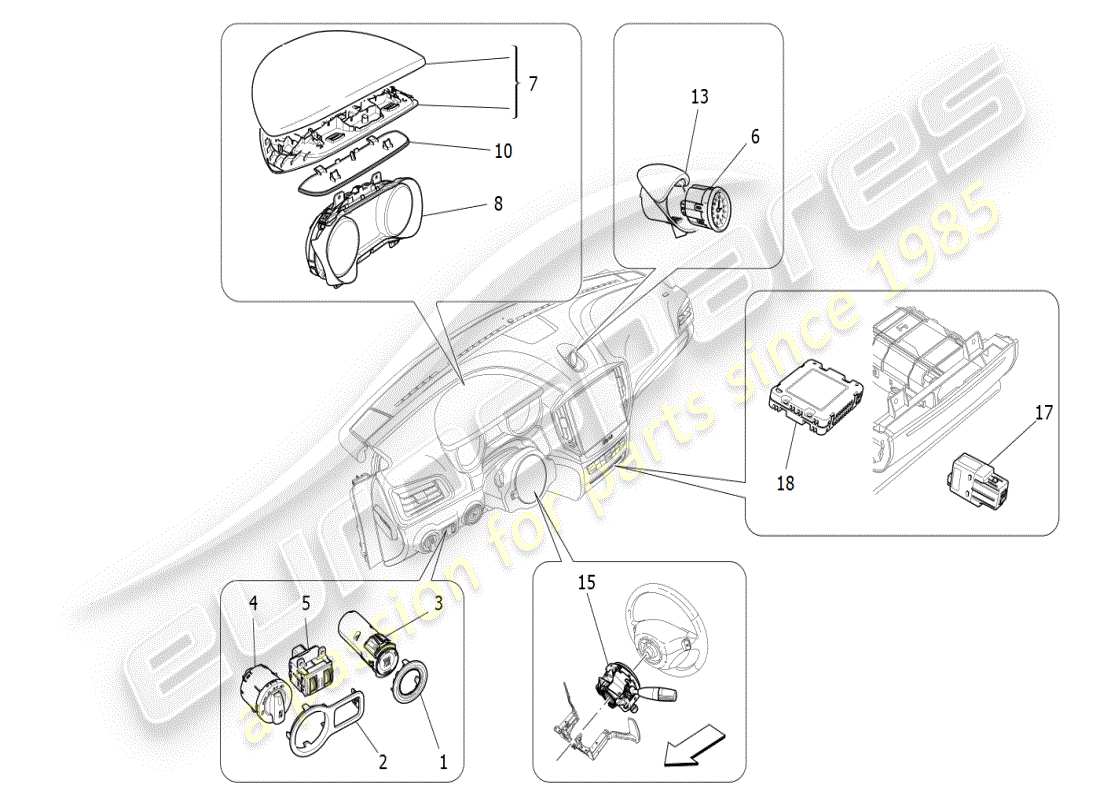 maserati ghibli (2021) diagramma delle parti dei dispositivi del dashboard