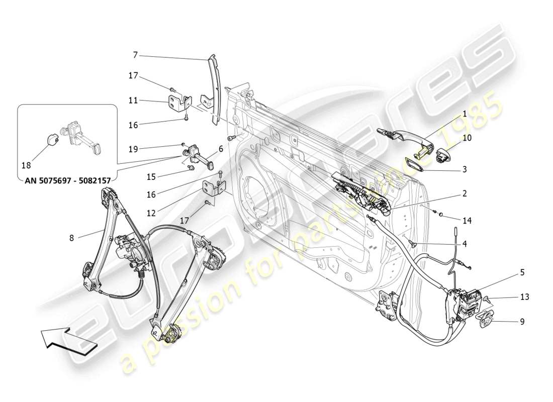 maserati ghibli (2018) porte anteriori: diagramma delle parti dei meccanismi