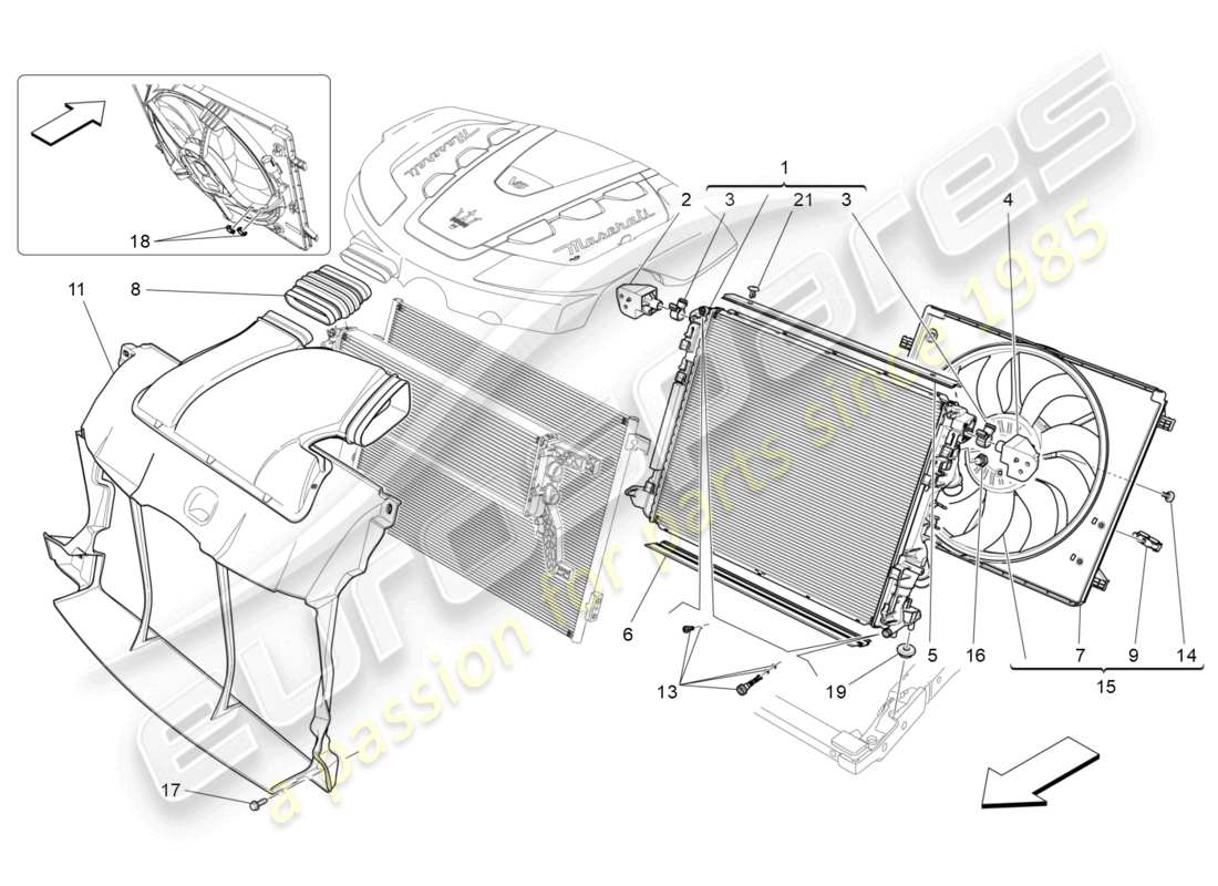 maserati ghibli (2016) raffreddamento: diagramma delle parti dei radiatori dell'aria e dei condotti