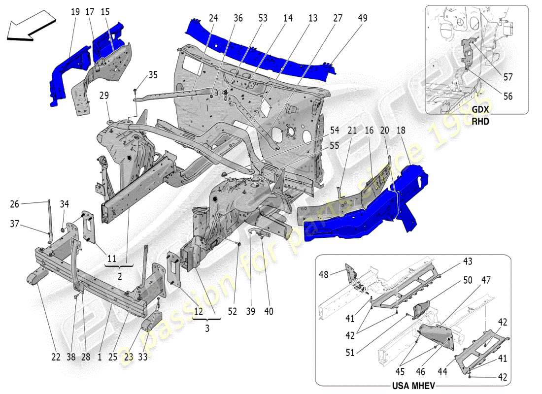 maserati grecale modena (2023) schema delle parti dei telai strutturali anteriori e dei pannelli in lamiera